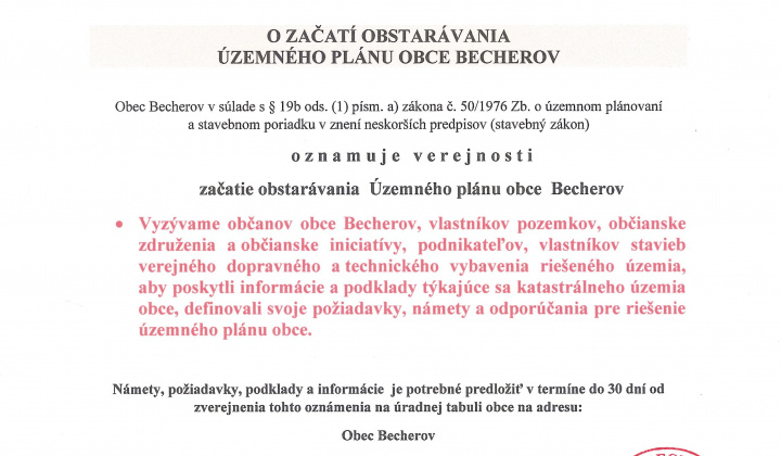 Fotka - Oznámenie o začatí obstarávania Územného plánu obce Becherov
