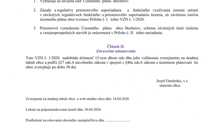 Fotka - Všeobecne záväzné nariadenie č. 1/2026 o vyhlásení záväznej časti Územného plánu obce Becherov