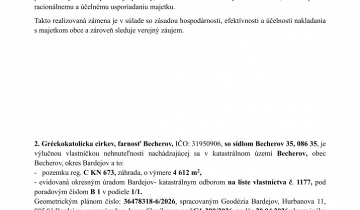 Fotka - Zverejnenie zámeru zámeny nehnuteľného majetku obce Becherov z dôvodu hodného osobitného zreteľa - Obec Becherov - Gréckokatolícka cirkev, farnosť Becherov